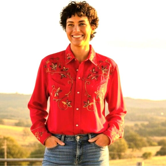ABS California Red Colorful Embroidery Pearl Snap Buttons Western Rodeo Blouse - Picture 2 of 15